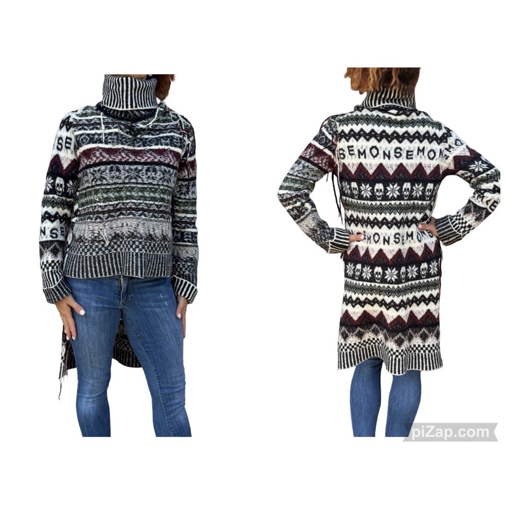 MONSE Fair Isle Skull Turtleneck Sweater Scandinavian Sweater fringe hi lo Small